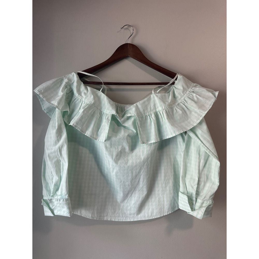 Abound Mint Green Gingham Off The Shoulder Ruffle Cotton Blouse Large - Picture 2 of 8